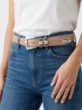 Bench Craft Leather Belt Beige Silver Buckle Double Loop Metal Pointed Tip 38